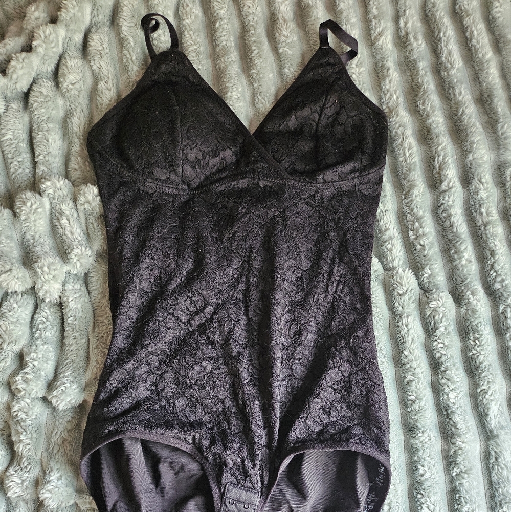 Black Shapewear Bodysuit with Velvet Sheen and Built-in Support
